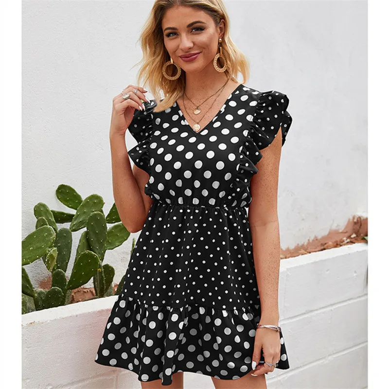 

Summer Casual Vintage Women Dot Mini Dress Fashion V-neck Butterfly Sleeves Ruffles Dress