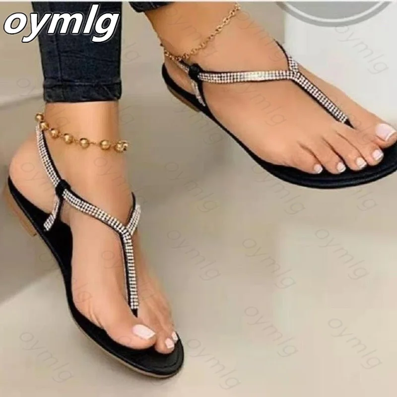 

2021 Summer New Women's Sandals Rhinestone Toe Clip Roman Style Flat Heels Casual Beach Slippers Zapatillas Mujer Casa
