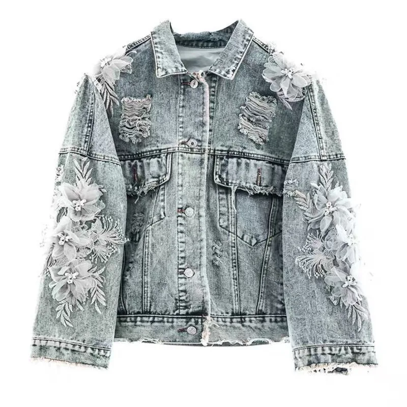 

2023 New Denim Jacket Women Flower Appliques Jeans Jacket Women Outerwear Coat Loose Hair Edged Ripped Holes Causal Clothing