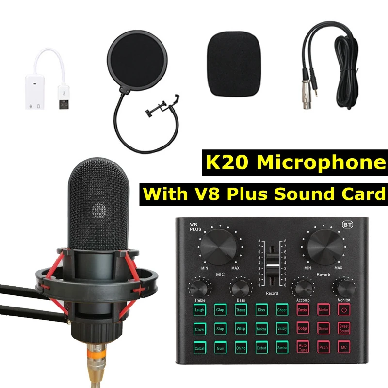 

Комплект конденсаторного микрофона с звуковой картой V8Plus DSP, HIFI микрофон с шумоподавлением для DJ, караоке, прямой трансляции, ПК, игрового ко...