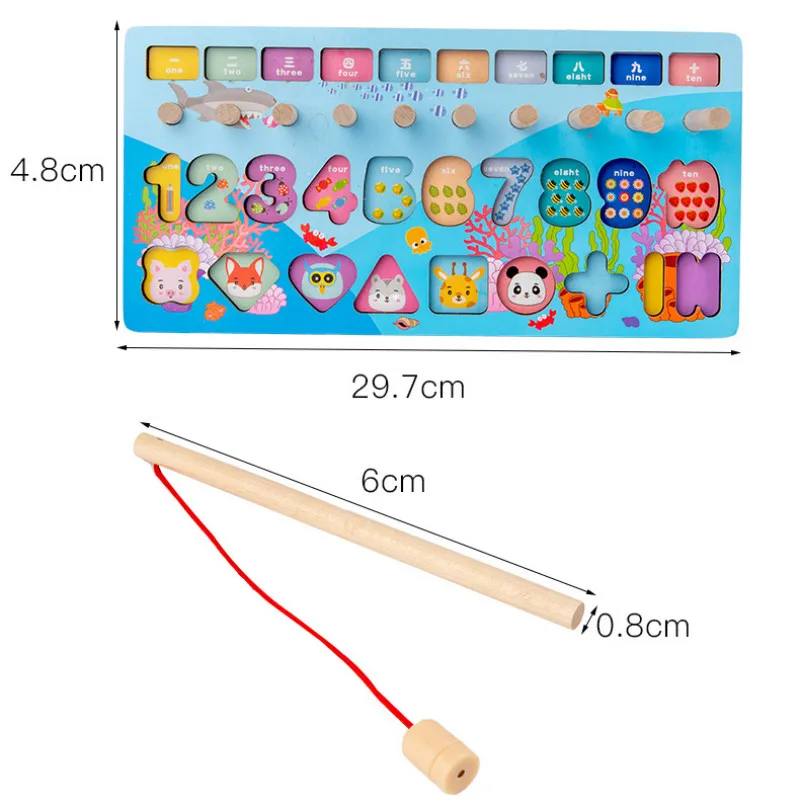 

Montessori Wooden Five-in-one Number Board Macaron Color Multi-function Calculation Magnetic Fishing Game Educational Math Toys