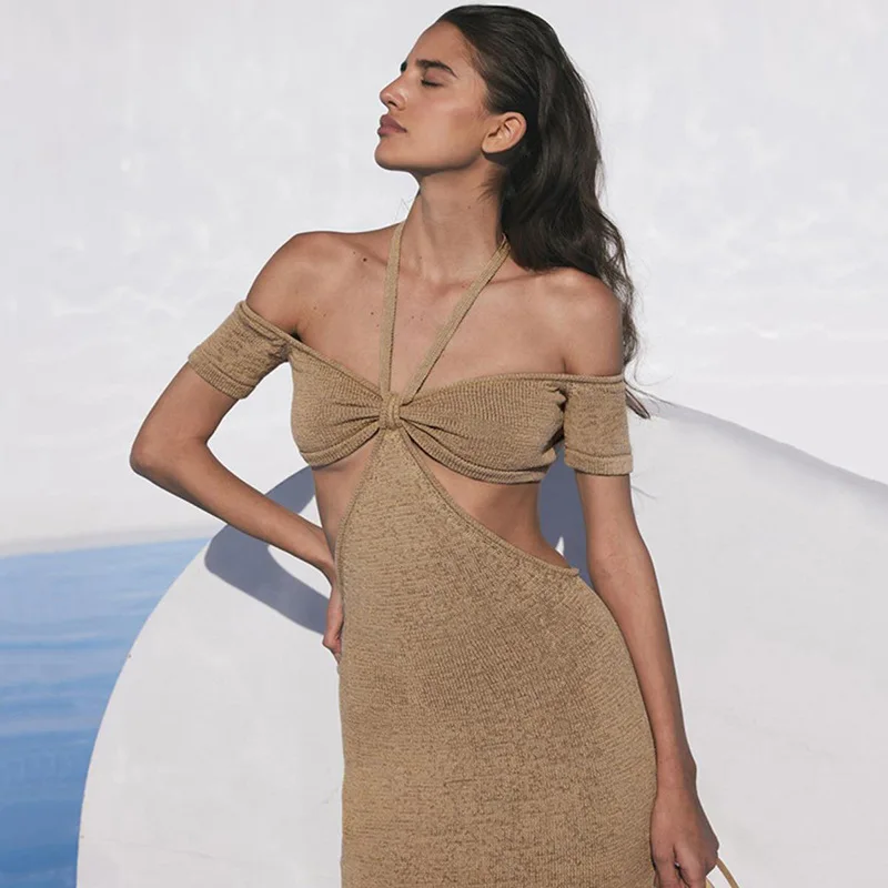 

Summer Sexy Dress Women Fashion Strappy Halter Neck-mounted Long Dress Slim Sheath Skirt Fitted Dress Party Vacation Outfits New