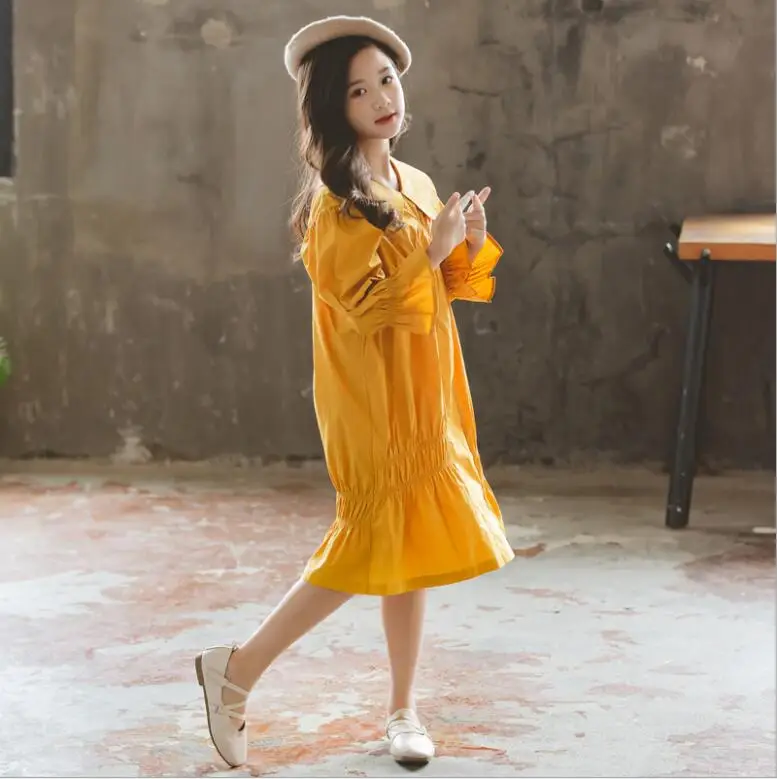 Модные платья для девочек осень 2019 желтое зеленое хлопковое детское платье с