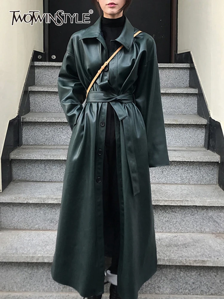 

TWOTWINSTYLE Korean Fashion Trench Coat For Women Lapel Long Sleeve Solid Straight Minimalist Coats Female Clothing Style New