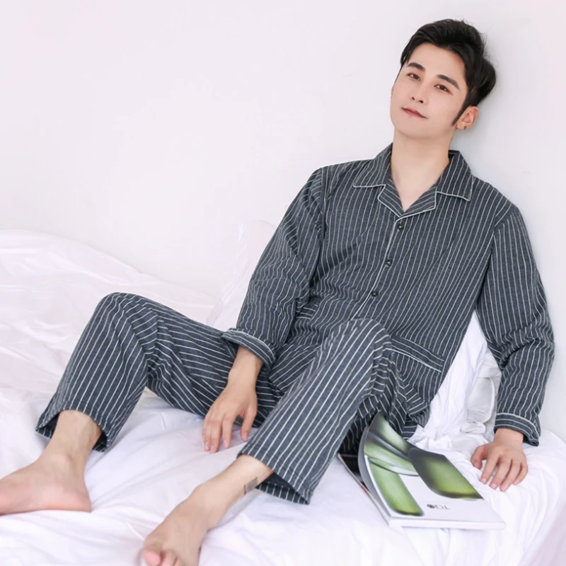 2021 Men Pajamas Set Plaid Sleepwear Cotton Nightwear Long Sleeved Male Sleep Clothing Plus Size Nighties Autumn Homewear