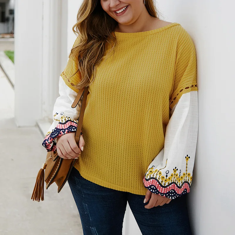 Женский трикотажный свитер с вышивкой черный и желтый пуловер большого размера