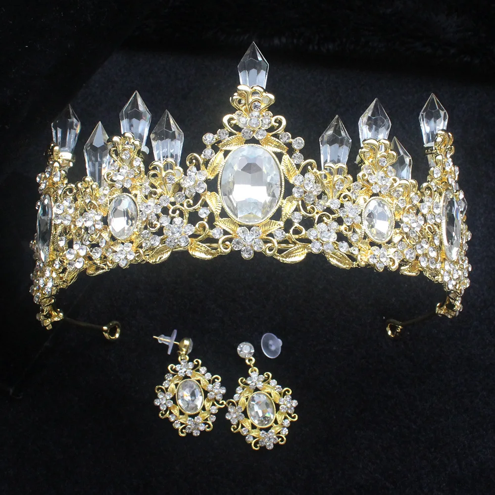 

Beautiful Bride Crown Headdress New Rhinestone Baroque Crystal Crown Earrings Wedding Hair Accessories Birthday Gift Jewelry