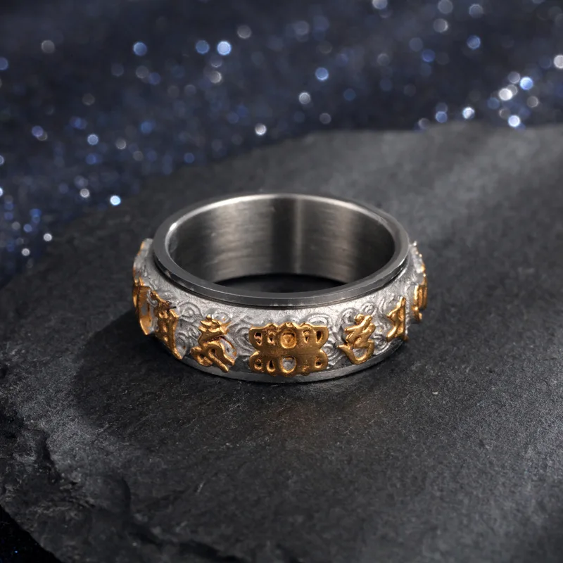 Религиозное ювелирное изделие Дамская мантра Золотое кольцо из нержавеющей