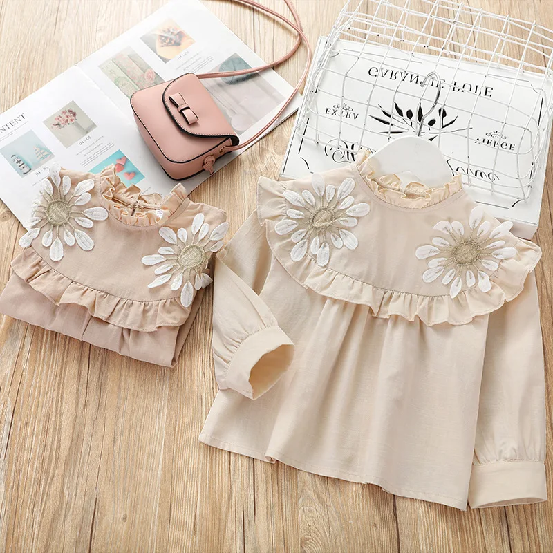 Блузка для девочек сезон осень детская рубашка с объемным большим цветком