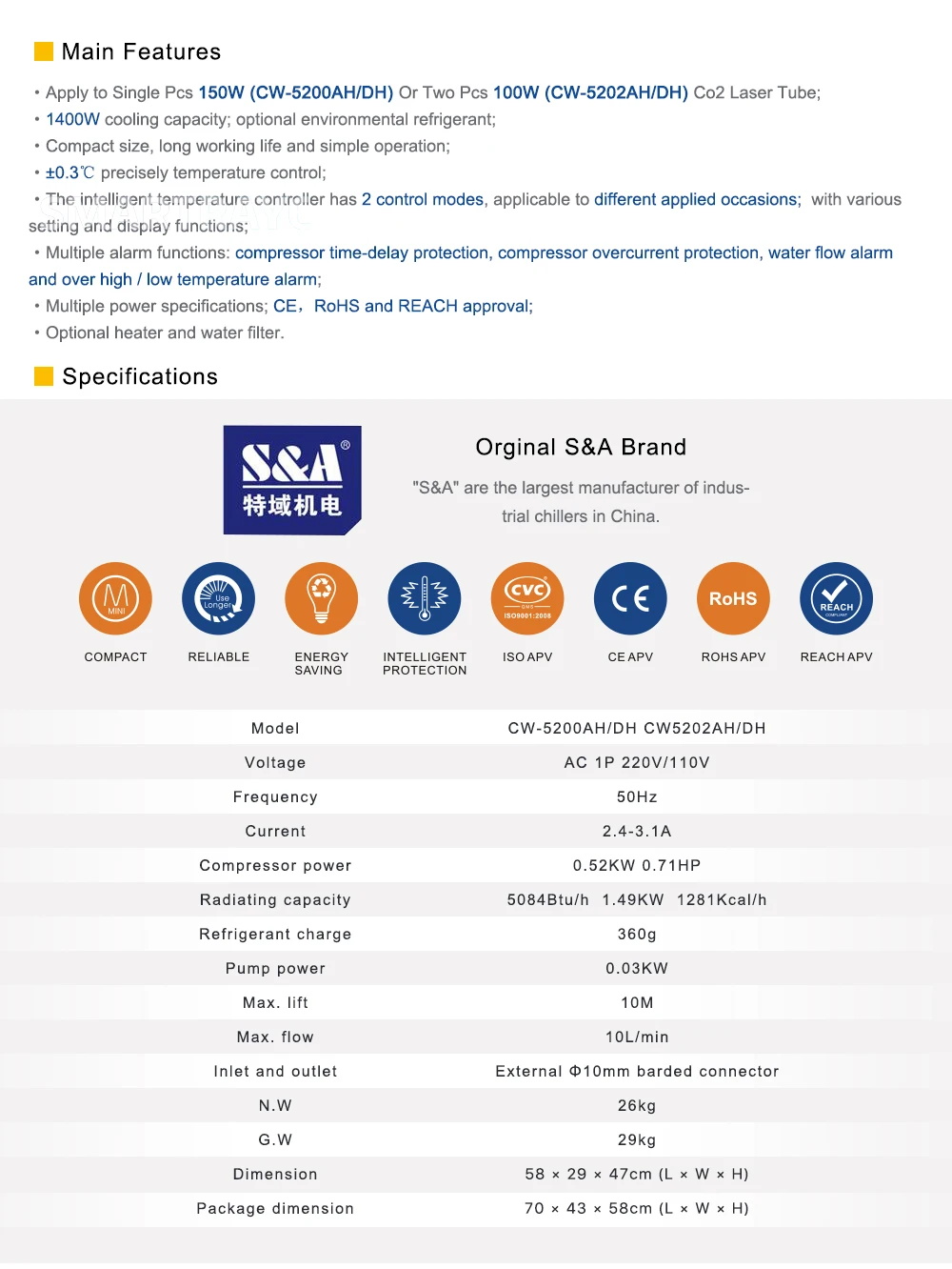 Cloudray S& A CW5200 CW5202 промышленный воздушный охладитель воды для CO2 лазерной гравировки и резки охлаждения 150 Вт лазерная трубка