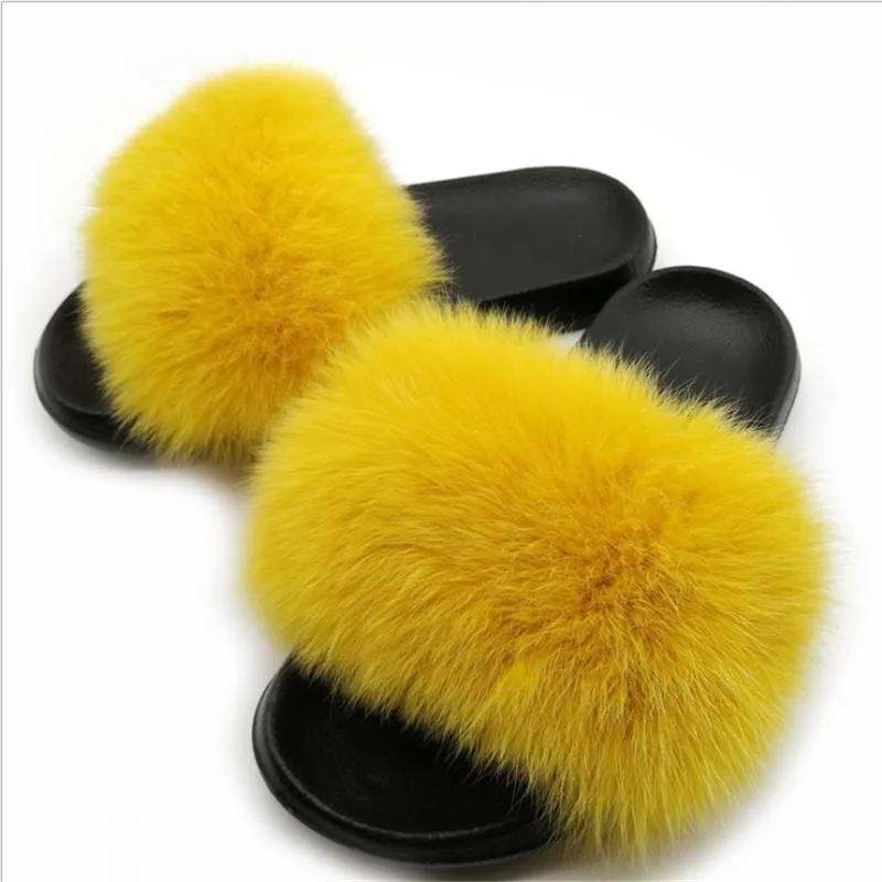 

Women Fashion Fox Fur Slippers Home Furry Fur Slides Indoor Fluffy Flat Shoes Ladies Casual Plush Fur Flop Flops Brand Sandals