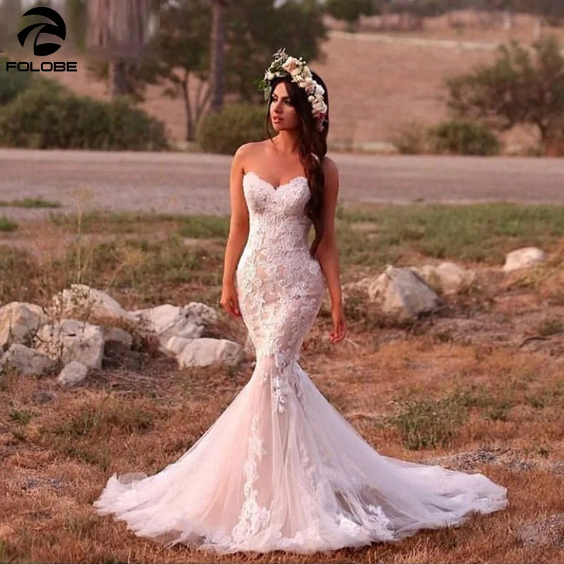 

Женское свадебное платье-русалка, кружевное платье до пола с аппликацией, 2020