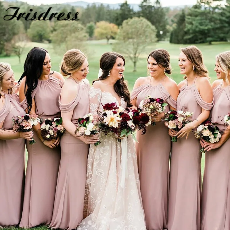Пыльное розовое длинное платье для подружки невесты 2019 сексуальное с лямкой на