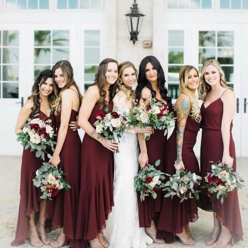 

Дешевые бордовый размера плюс, платье подружки невесты, платья на бретельках v-образный вырез шифоновая Высокая Низкая Свадебная вечеринка ...