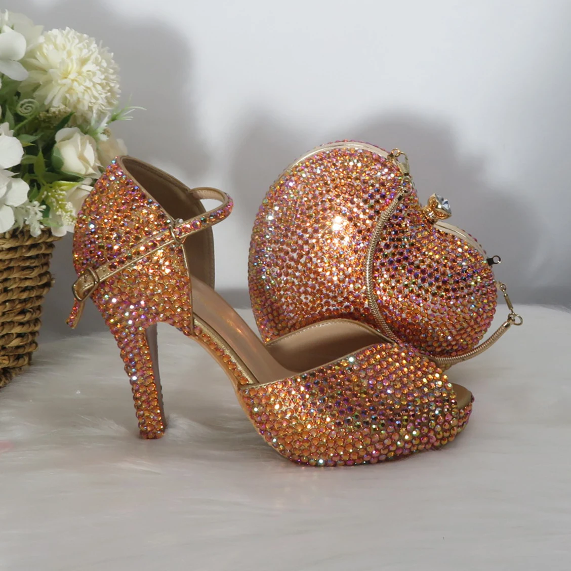 BaoYaFang Bling Crystal Summer Sandal Woman 2020 High heels Platform Shoes Ladies Big size Open Toe  wedding shoes bag set Bride