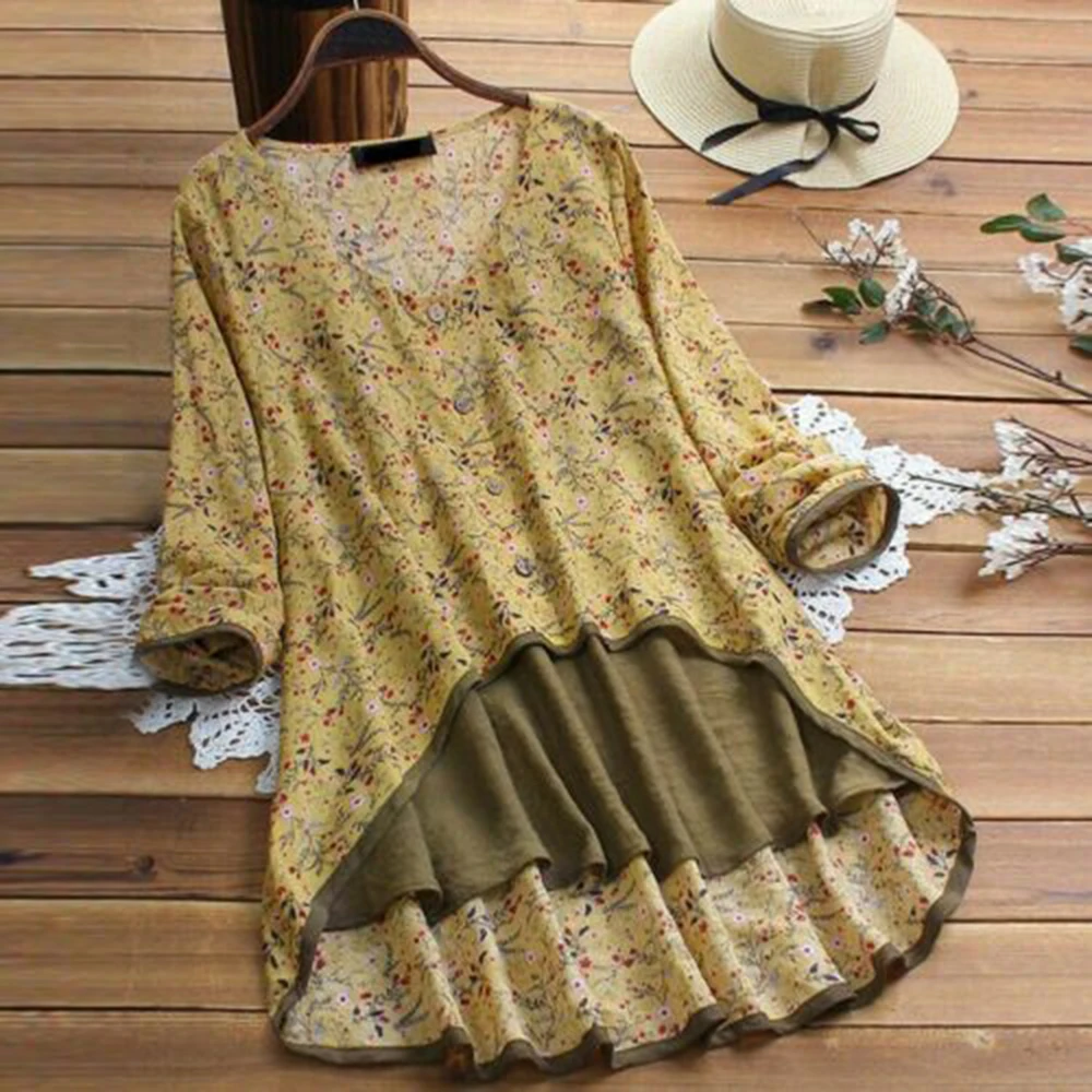 Женское платье туника с оборками желтое в стиле бохо цветочным принтом и длинным