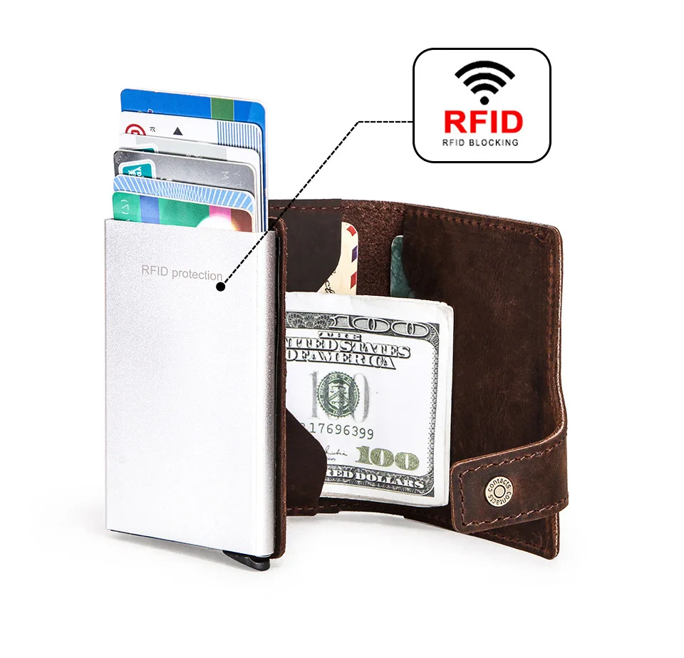 Контакта 'мужской кошелек Crazy Horse кожаная кредитная карта, RFID держатель визитница алюминиевая коробка модные кошельки для карт мужской кошелек