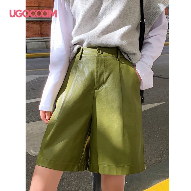 

UGOCCAM PU Women High Waist Pocket Pleated Pants Fashion Loose Straight Knee Length Leather Pants Women Clothes Zipper Fly