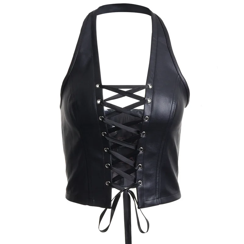 

The new 2021 hot style pure color dress sleeveless cardigan midriff sexy neck strap leather vest
