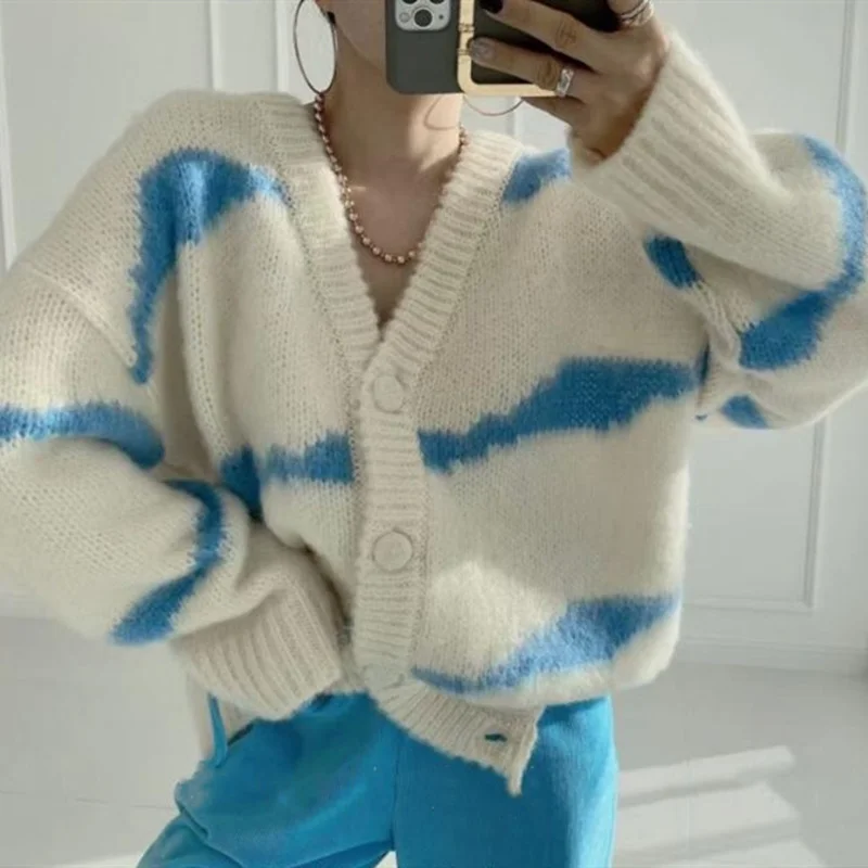 

Новинка 2021 женский осенне-зимний свитер утепленный элегантный кардиган оверсайз полосатый винтажный трикотажный женский топ U431