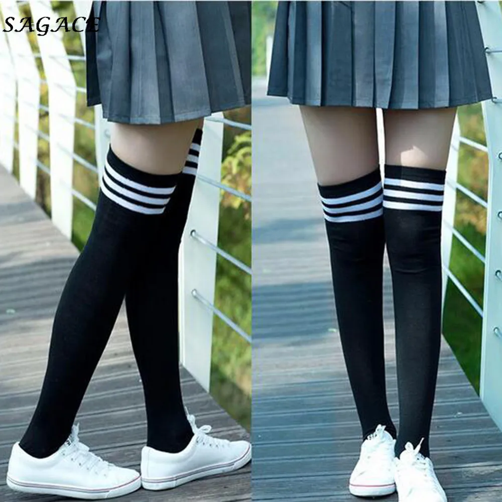 SAGACE Long Socks Women Over Knee High Spring Summer Autumn Winter Fashion Stocking Cotton Casual Striped Sport Sock Girl | Женская