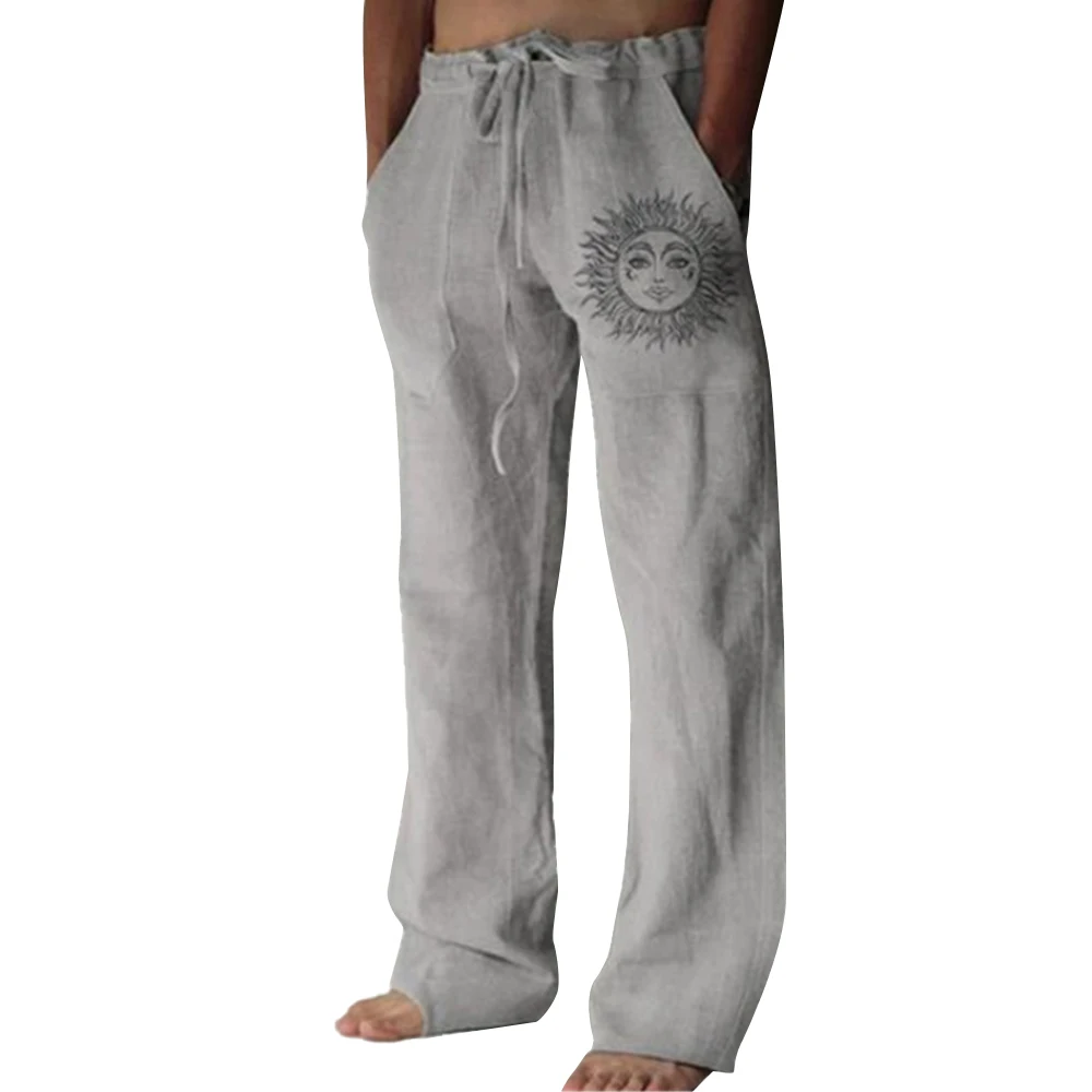 

Linen Men Pants Casual Loose Fit Plain Pocket Pants Sun Printed Solid Outdoor Trousers Summer Men Fashion Casual Mens Pants