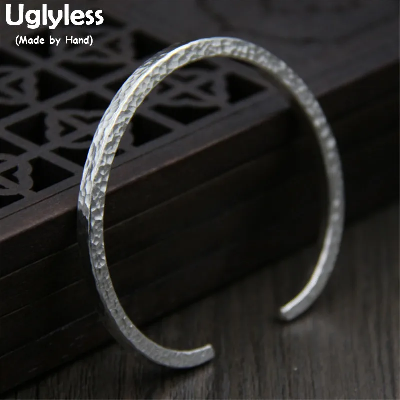 

Uglyless Real S999 Fine Silver Jewelry for Women Personalized Uneven Surface Square Bangles Thick Opening Bangle Handmade Bijoux