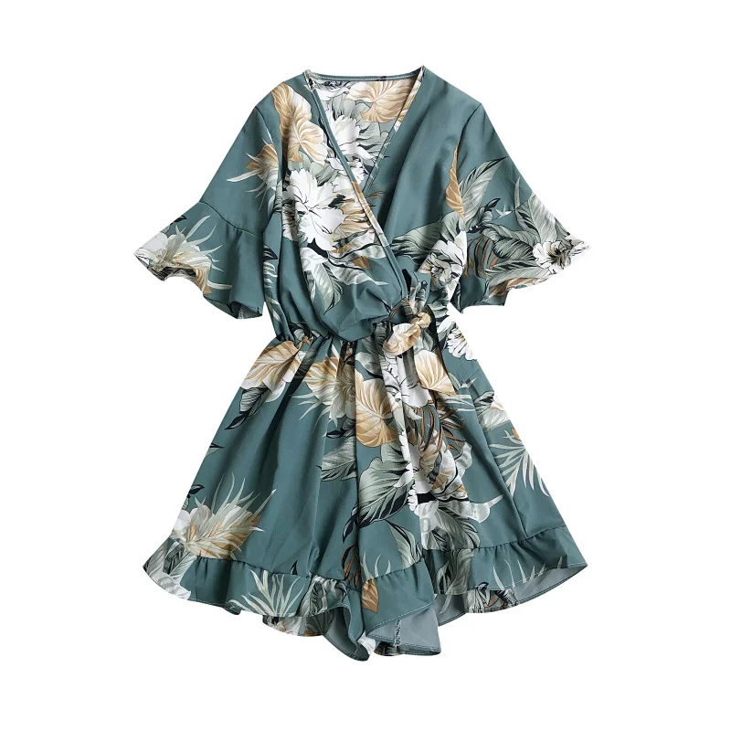 

Jumpsuit shorts women 2021 summer fashion new retro all-match V-neck leaf print lace-up ruffled flared sleeve wide-leg pants C50