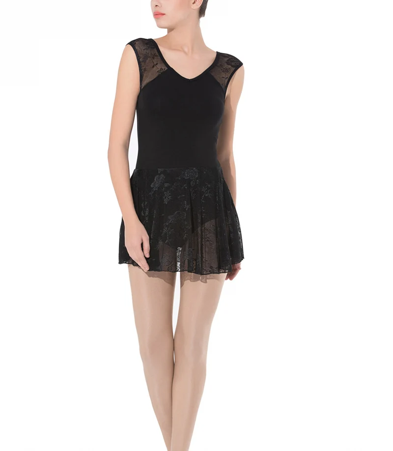 Женский купальник с кружевной юбкой черный для балета и гимнастики|dance leotards|ballet