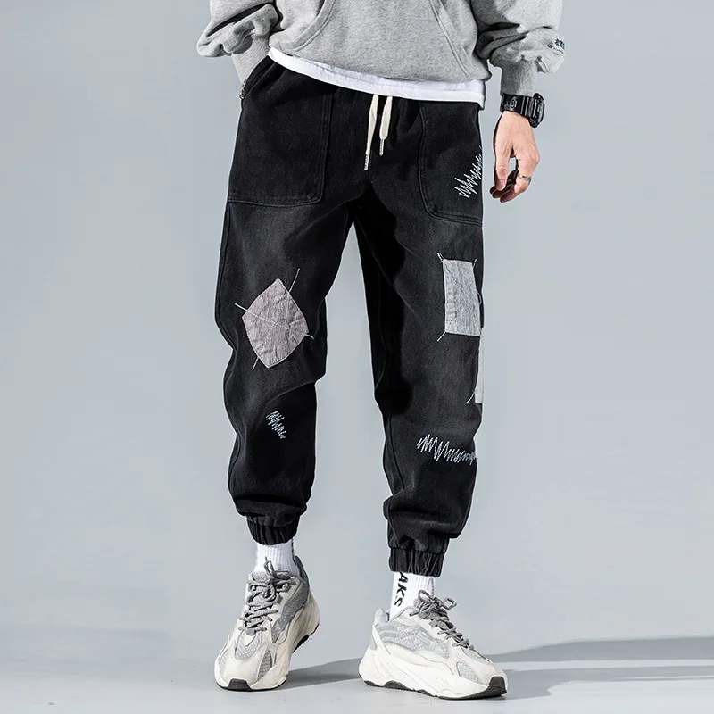 

Spring Autumn 2021 Denim jeans men's trend loose hip-hop teenagers hole patch casual pants Korean style long harem pants