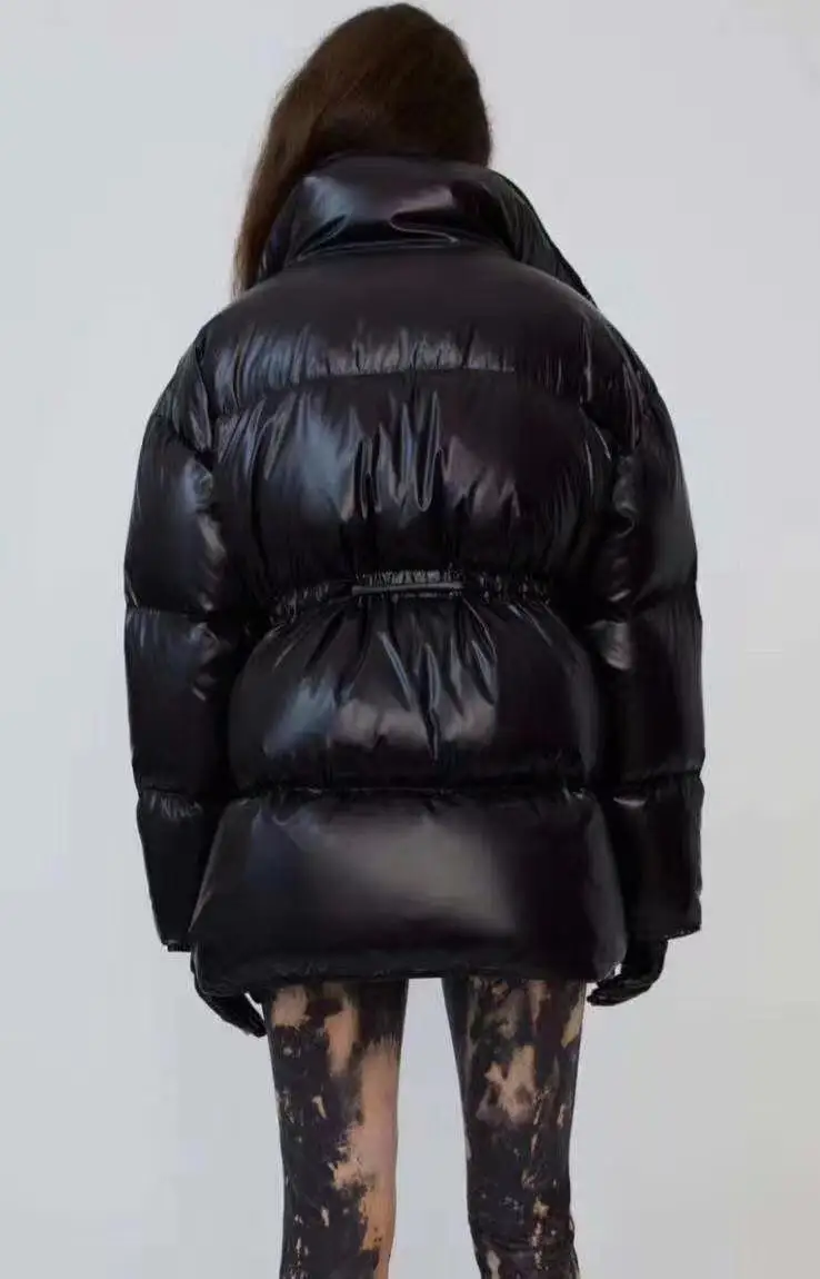 

2020 new winter family's European bright face standing collar and waistband style medium and long down coat