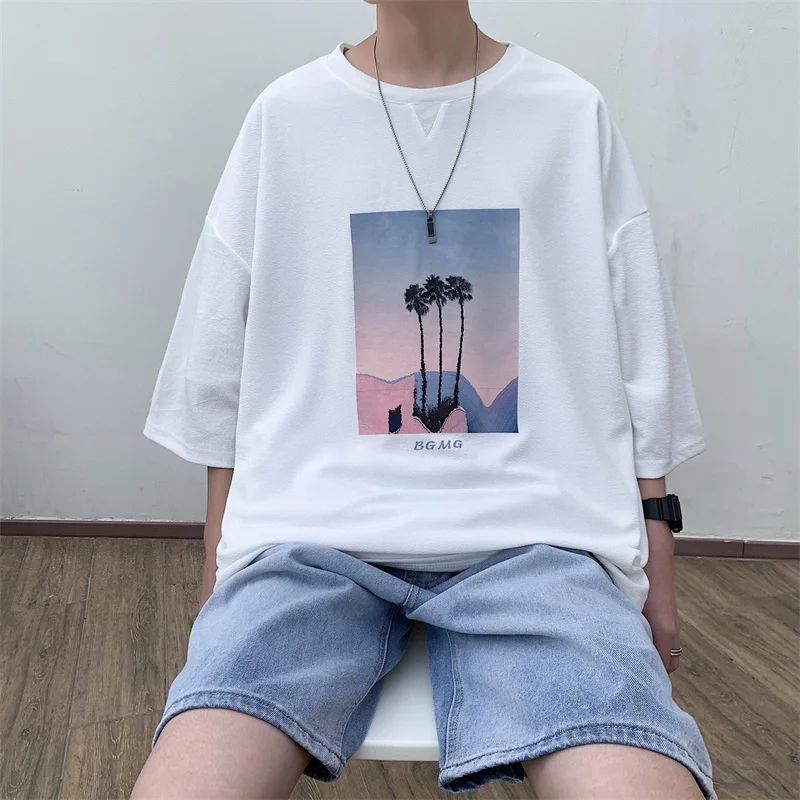 

2021 New Fashion Men's Harajuku Hip-hop O-Neck Loose Breathable Short Sleeve Tops Casual Streetwear Printed Black T-shirt