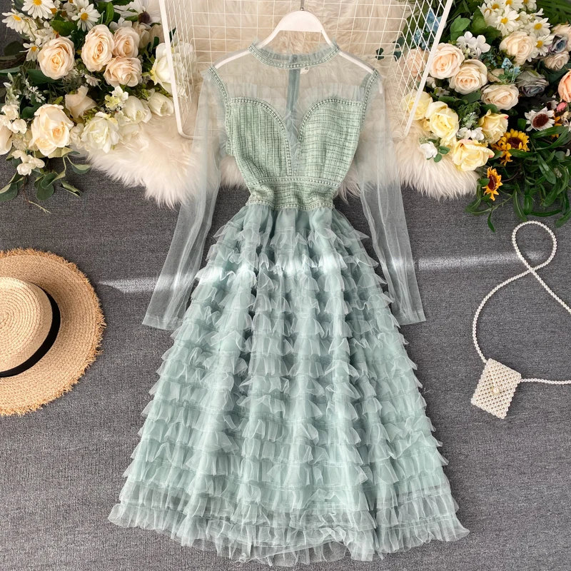 

2020 Fashion Women Mesh Dress Long Sleeve Gauze Dress Ladies Cascading Ruffles Elegant Lace Princess Mid-calf Swing Dresses