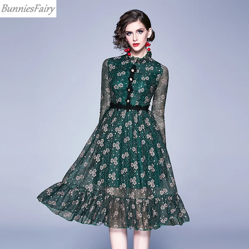 BunniesFairy 2019 осеннее женское винтажное элегантное кружевное платье с длинным