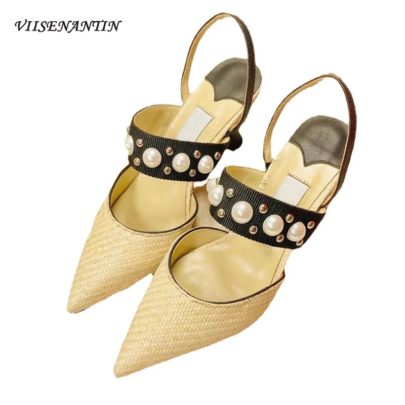 

Туфли-лодочки женские на шпильке, плетеные сандалии на высоком каблуке, с острым носком, из жемчуга и соломы, лето 2021