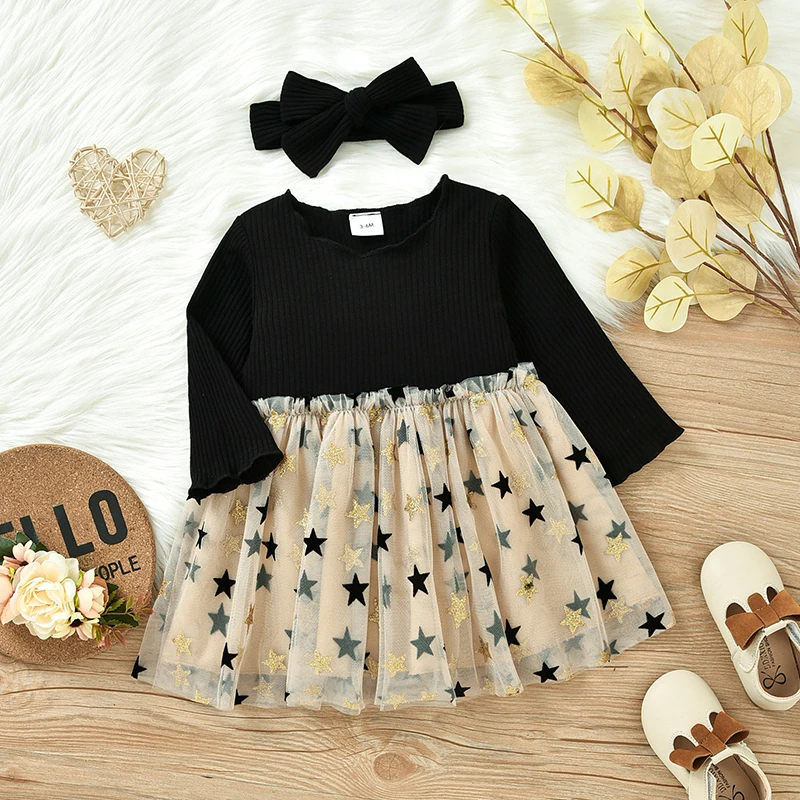 

Infant Baby Girls Princess Dress Set Toddler Long Sleeve Patchwork Star Tulle Dress with Headband 3M-3T 2022 New Fashion