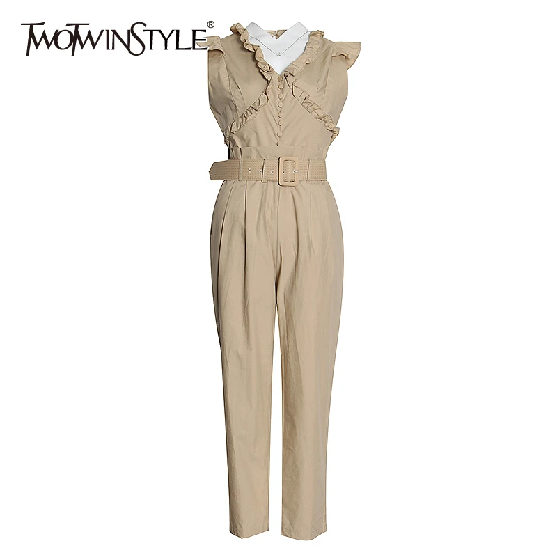 

TWOTWINSTYLE Causal Patchwork Ruffles Jumpsuits For Female Lapel Collar Sleeveless High Waist With Sashes Long Jumpsuit Women