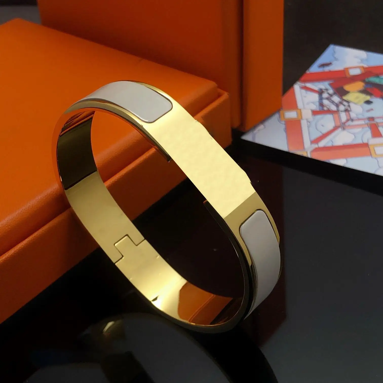 

Titanium Steel Gold Cuff Enamel Love letter bracelet Bangles for Women Girls H Design Gift Jewelry
