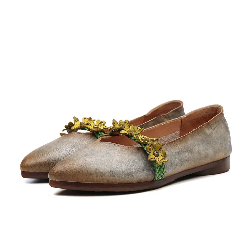 

YourSeason Female Retro Pointed Toe Flats Genuine Leather 2020 Autumn Summer Slip On Flower Concise Ladies Casual Boat Shoes
