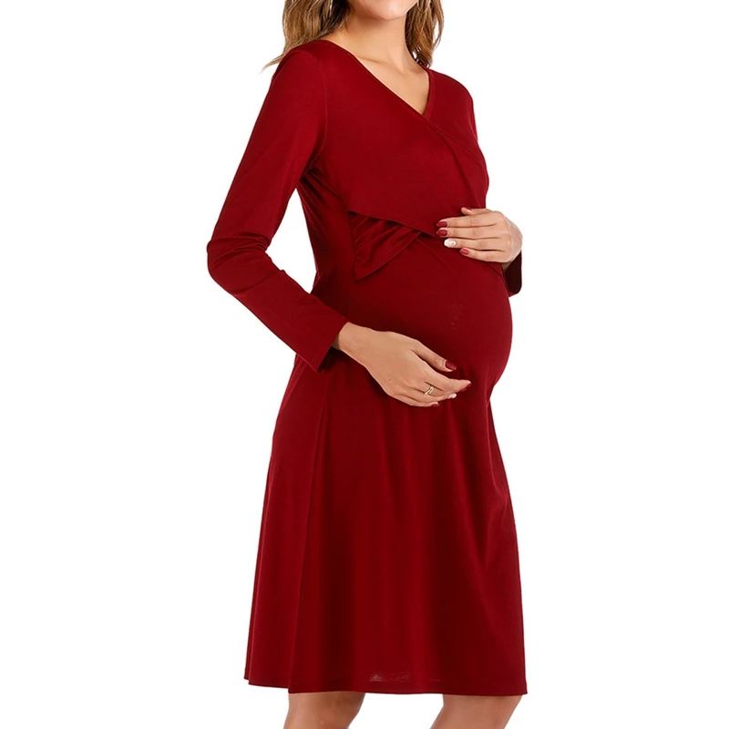 

2Pcs Maternity Breastfeeding Dress Pregnant Women'S Dress Comfy Casual Pregnancy Nursing Skirt M, Black & Wine Red