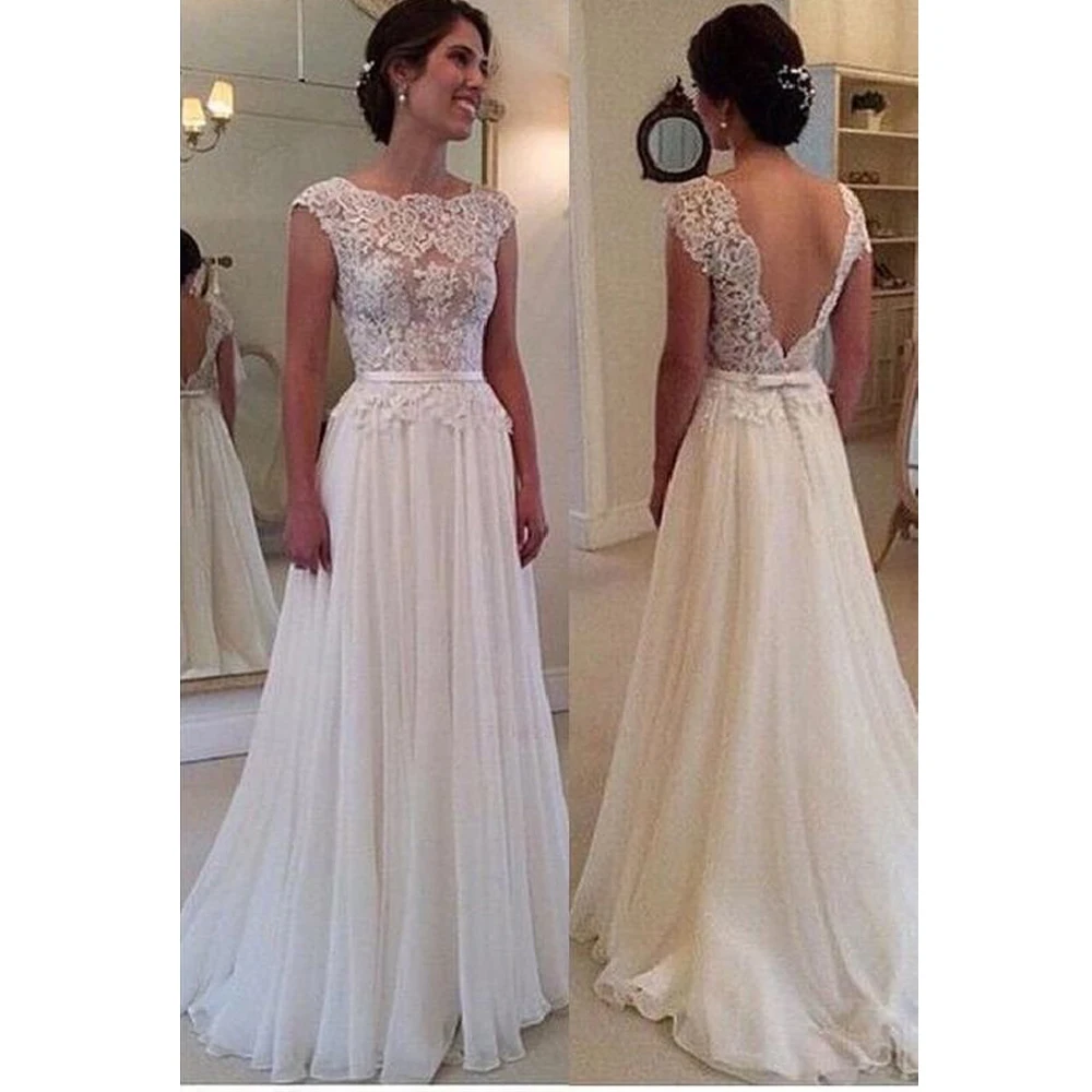 

Charming Wedding Dresses Chiffon Lace Bows Bateau Sleeveless Backless A-Line Bridal Gowns Novia Do 2021 New Party