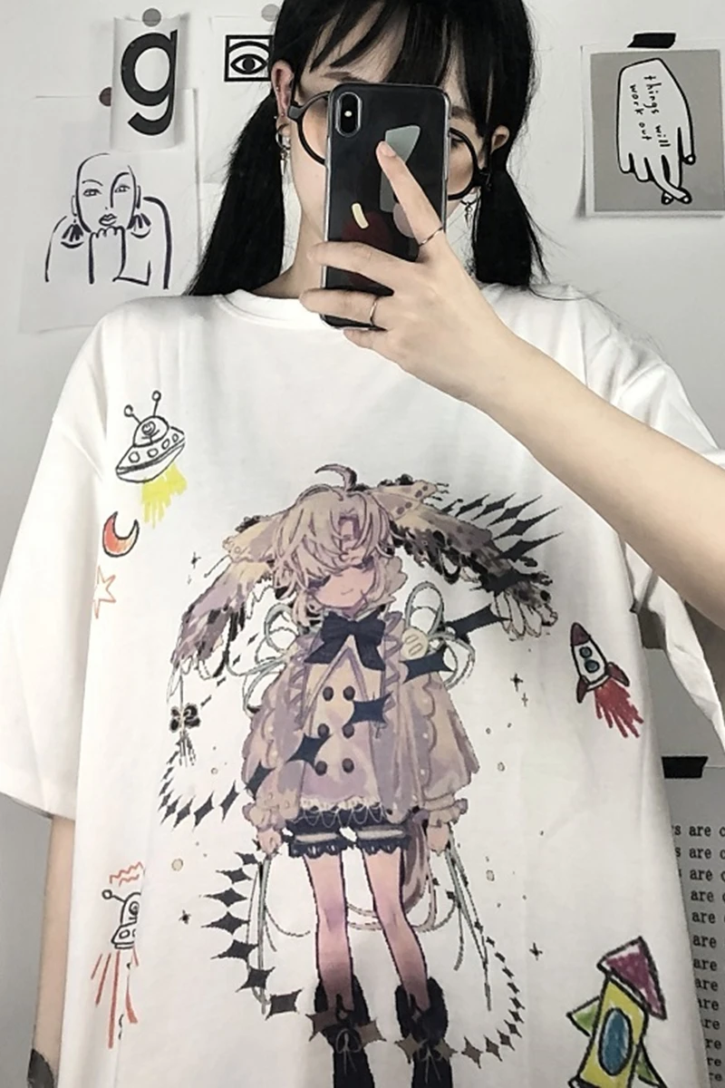 

WHOHOLL Women Tshirts Cute Cartoon Girl Print Pink Short Sleeve T-shirt For Women's Summer Harajuku Loose Top Tee Lazy Clothes
