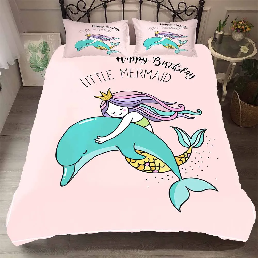 

Kids Bedding Set 3D Cartoon Mermaid Microfiber Duvet Cover Sets Comforter Cover Queen King Size for Girls Gift Bedroom Bed Linen