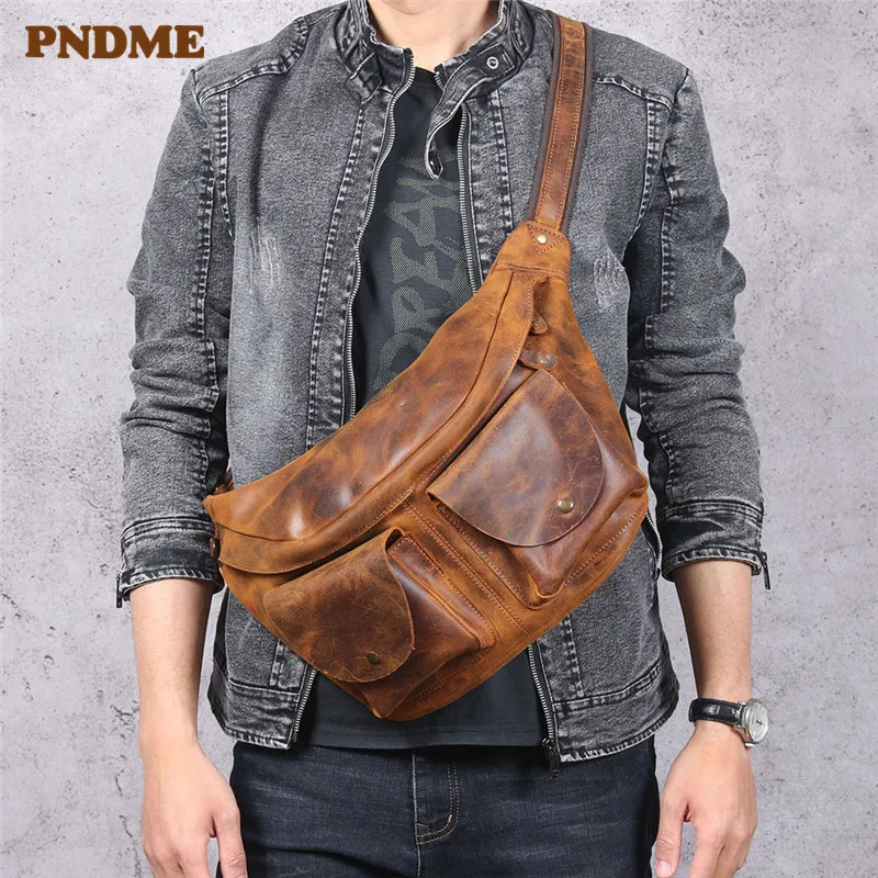 PNDME genuine leather large capacity men's chest bag retro crazy horse cowhide waist pack daily casual shoulder messenger bags
