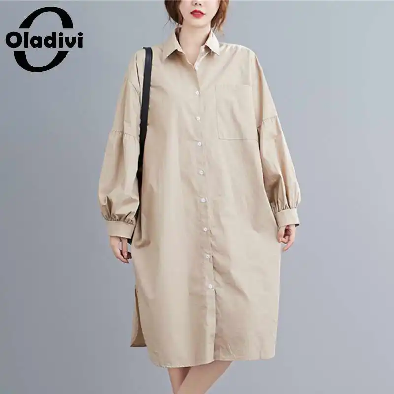 

Блузка Oladivi Женская хлопковая с длинным рукавом, Повседневная Свободная длинная рубашка, однотонный топ, большие размеры 4XL 5XL, весна-осень