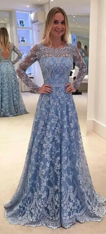 Модное женское голубое кружевное платье без воротника с длинным рукавом Феи