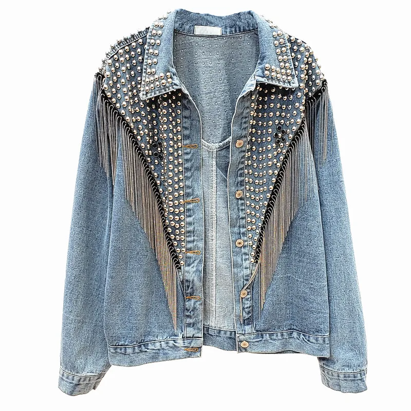 

Chaquetas Mujer 2020 Autumn Streetwear Denim Jacket Women Hand-studded Rivet Tassel Chain Short Jeans Jacket Loose Black Coats