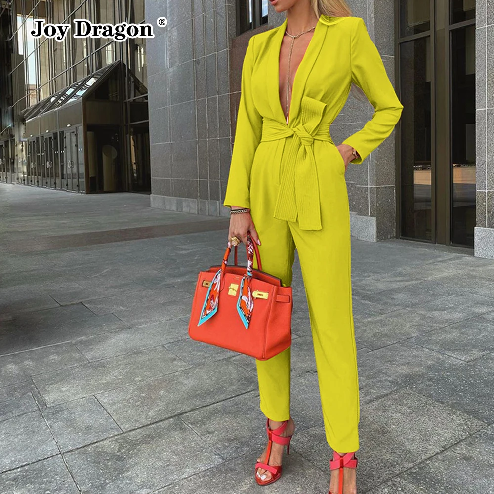 Fashion Elegant Womens Casual Long Jumpsuits Autumn 2021 Long Sleeve Black Bodysuit Deep V Solid Color Overalls Romper Suit