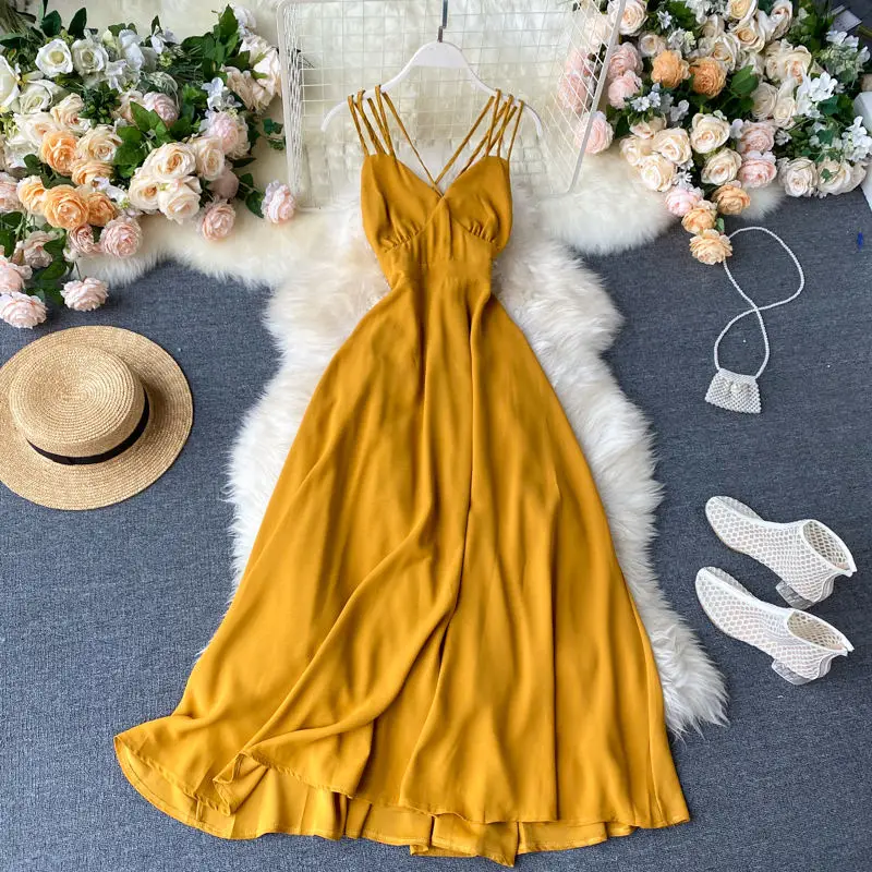 Женское летнее платье-трапеция LUOSHA на бретелях-спагетти с открытой спиной