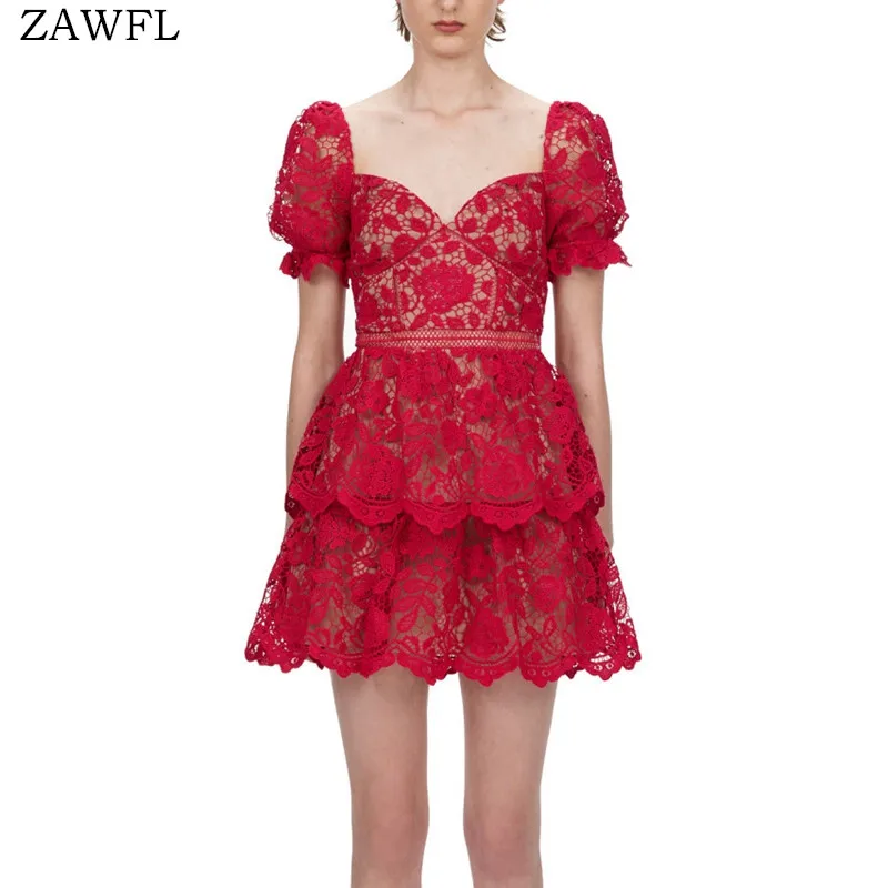 

ZAWFL, новинка 2021, модный подиумный дизайн, высококачественное ажурное кружевное платье, женское летнее платье с коротким рукавом, платья